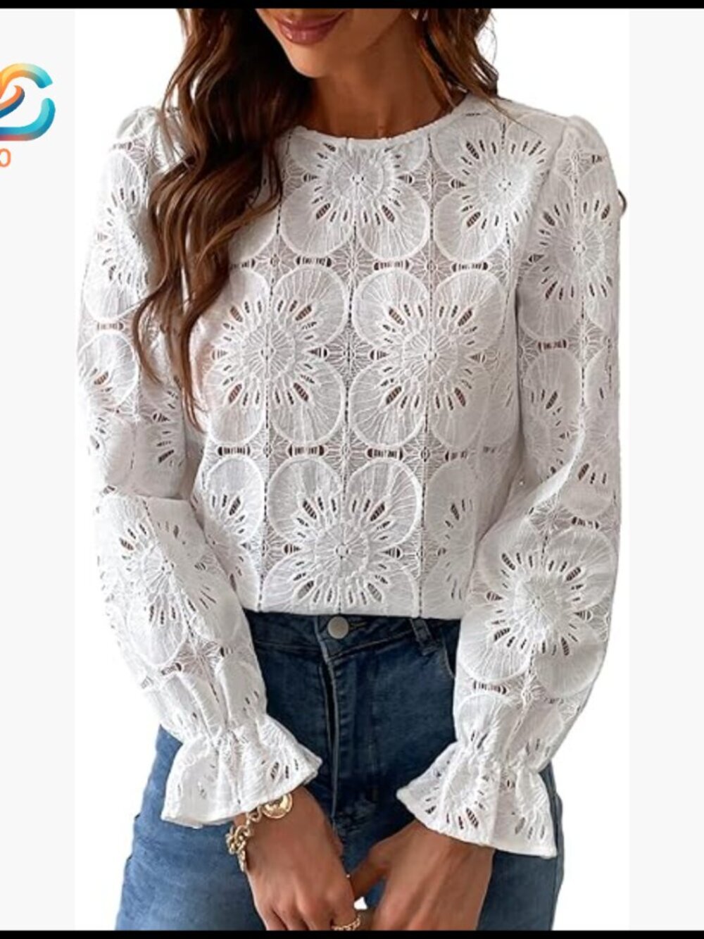 Long Sleeve Eyelet Lace Blouse Peasant Top Loose Fit Business Casual